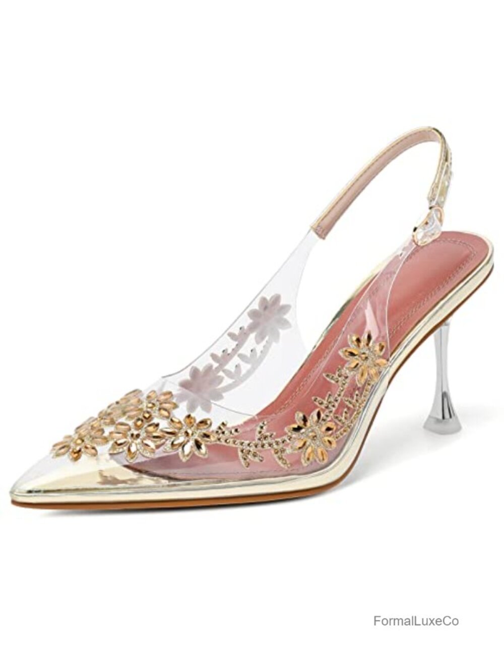 Clear Slingback Heels Pointed Toe Rhinestone Ankle Strap 3.5 Inch Wedding